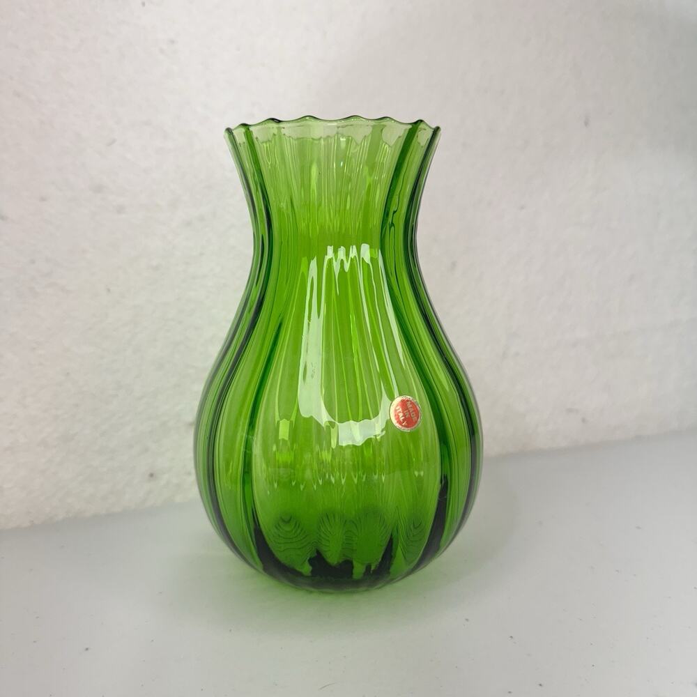 Empoli Ribbed Vase Emerald Green Ruffled Edge MCM VTG Hand Blown Made In Italy